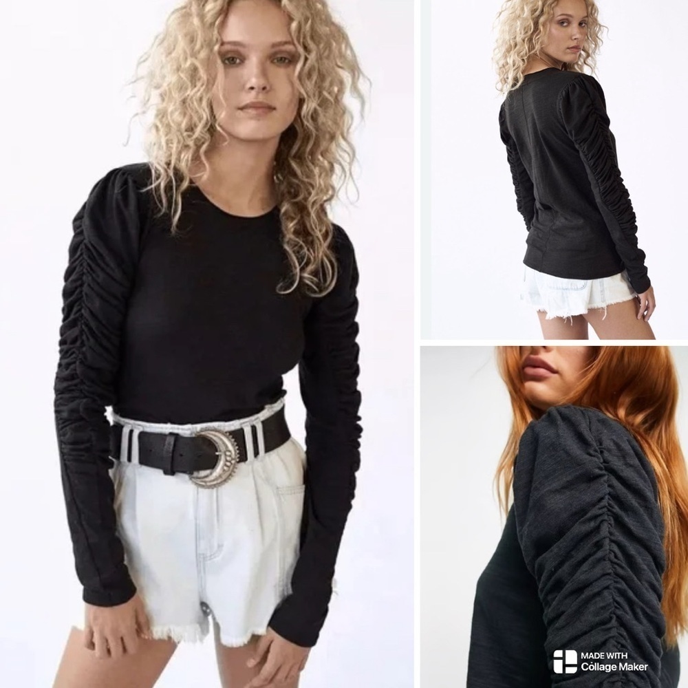 Free People Natasha Black Ruched Sleeve Top
